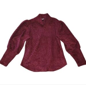 M/L STATUS by Chenault Elegant Maroon Burgundy Fuzzy Puff Long Sleeve Sweater